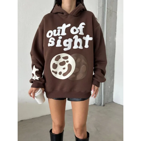 3 iplik şardonlu oversize out of baskılı sweat kahve