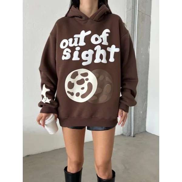 3 iplik şardonlu oversize out of baskılı sweat kahve