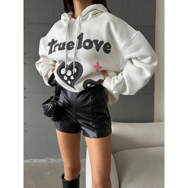 3 iplik şardonlu oversize true baskılı sweat Beyaz