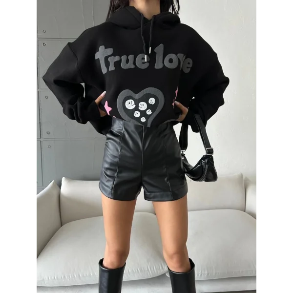 3 iplik şardonlu oversize true baskılı sweat siyah