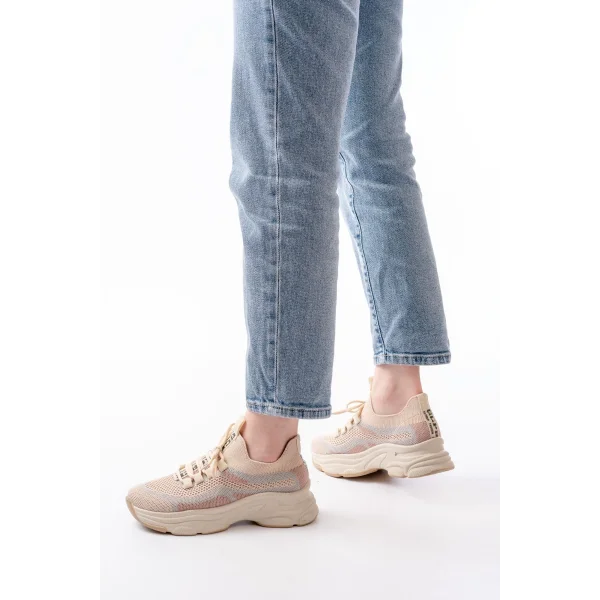 3001  Bej Bağcıklı Fileli Günlük Spor Ayakkabı
