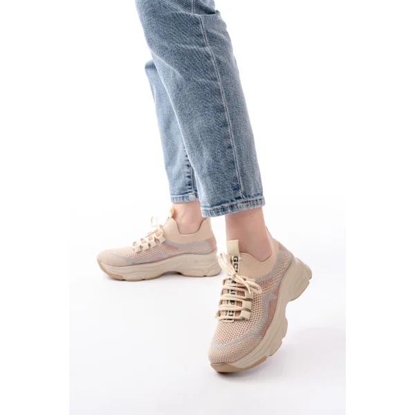 3001  Bej Bağcıklı Fileli Günlük Spor Ayakkabı