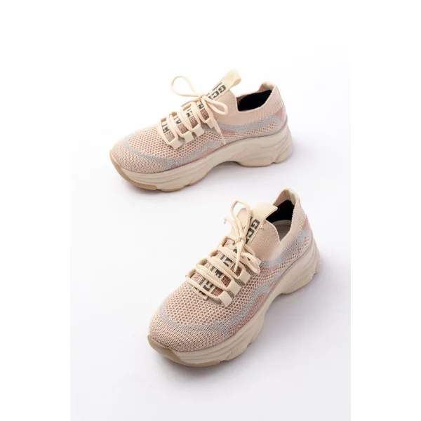 3001  Bej Bağcıklı Fileli Günlük Spor Ayakkabı