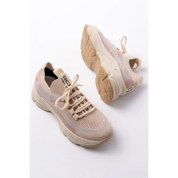 3001  Bej Bağcıklı Fileli Günlük Spor Ayakkabı