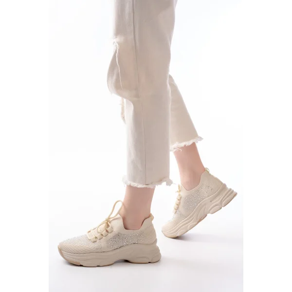 3002  Bej Bağcıklı Fileli Taş Aksesuarlı Günlük Spor Ayakkabı