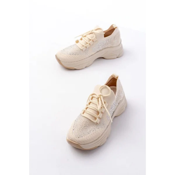 3002  Bej Bağcıklı Fileli Taş Aksesuarlı Günlük Spor Ayakkabı