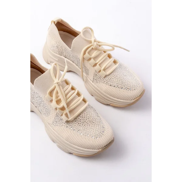 3002  Bej Bağcıklı Fileli Taş Aksesuarlı Günlük Spor Ayakkabı