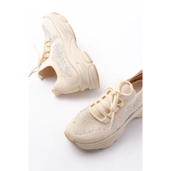 3002  Bej Bağcıklı Fileli Taş Aksesuarlı Günlük Spor Ayakkabı