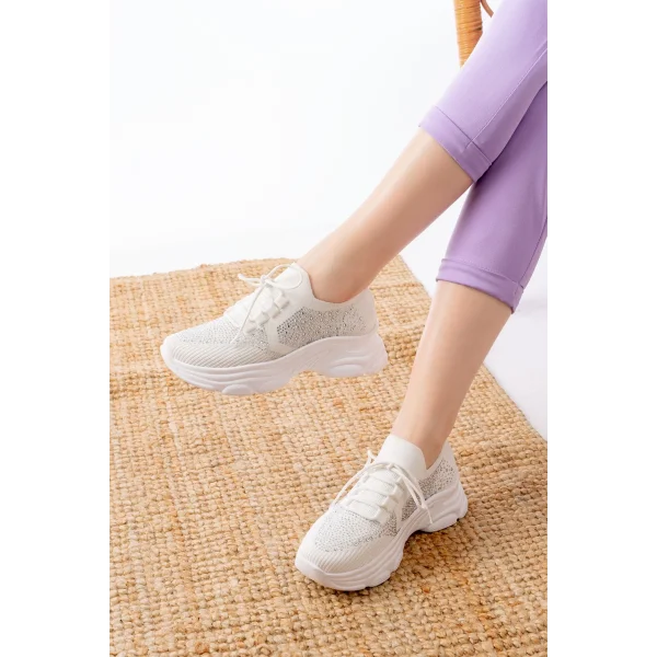 3002  Beyaz Bağcıklı Fileli Taş Aksesuarlı Günlük Spor Ayakkabı