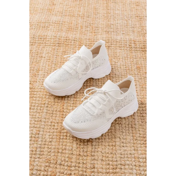 3002  Beyaz Bağcıklı Fileli Taş Aksesuarlı Günlük Spor Ayakkabı