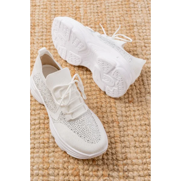 3002  Beyaz Bağcıklı Fileli Taş Aksesuarlı Günlük Spor Ayakkabı