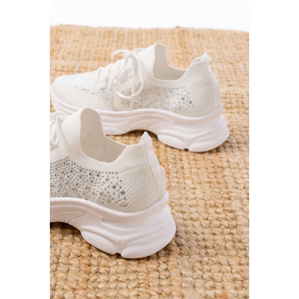 3002  Beyaz Bağcıklı Fileli Taş Aksesuarlı Günlük Spor Ayakkabı