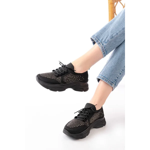 3002  Siyah Bağcıklı Fileli Taş Aksesuarlı Günlük Spor Ayakkabı