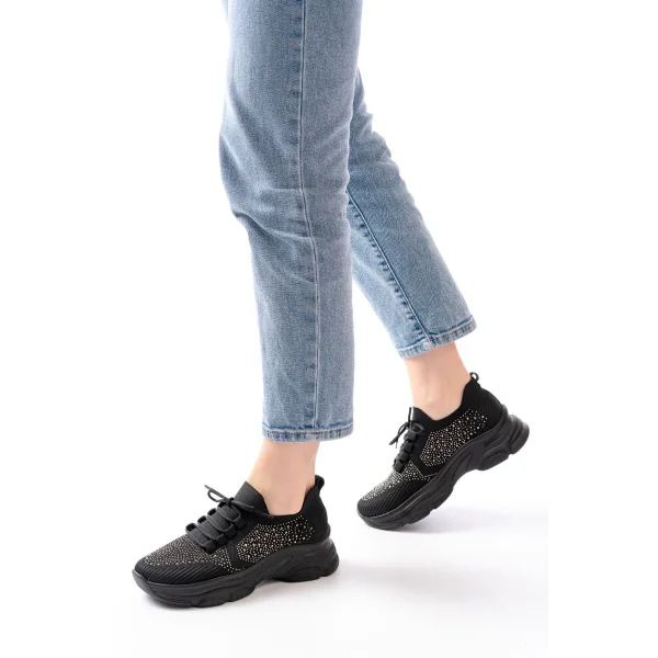 3002  Siyah Bağcıklı Fileli Taş Aksesuarlı Günlük Spor Ayakkabı