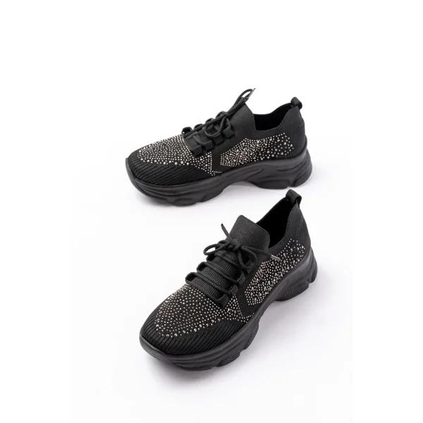 3002  Siyah Bağcıklı Fileli Taş Aksesuarlı Günlük Spor Ayakkabı