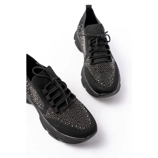 3002  Siyah Bağcıklı Fileli Taş Aksesuarlı Günlük Spor Ayakkabı