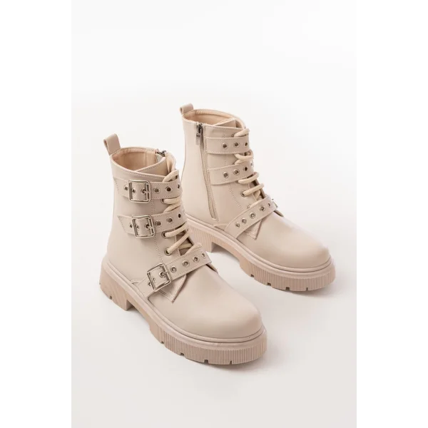 508-3039 Bej Toka Aksesuarlı Fermuarlı  Günlük Kadın Bot