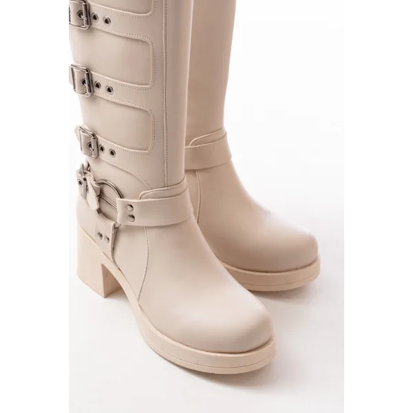 5109-3015 Bej Topuklu Fermuarlı Toka Aksesuarlı Günlük Kadın Çizme