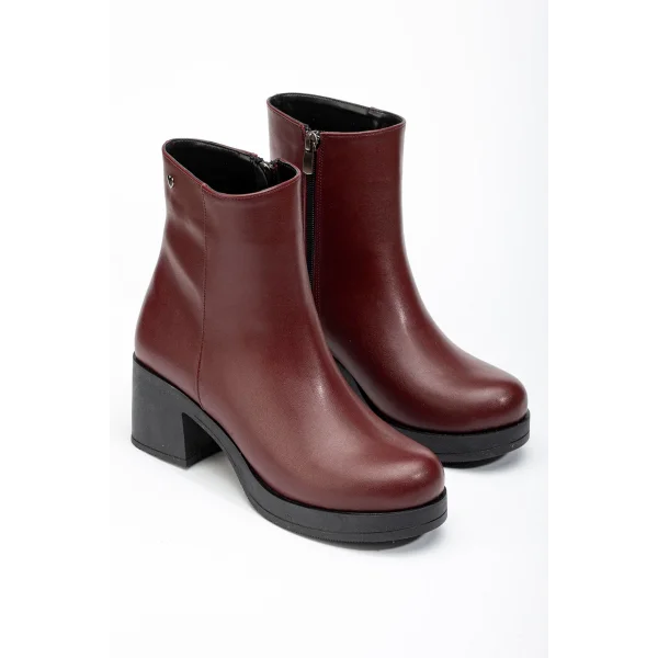 5109-3022 Bordo Fermuarlı Kalın Topuklu Günlük Kadın Bot