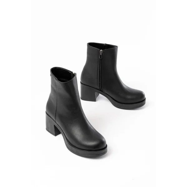 5109-3022 Siyah Fermuarlı Kalın Topuklu Günlük Kadın Bot