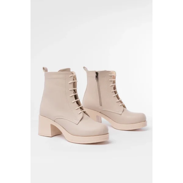 5109-3025 Bej Bağcıklı Fermuarlı Kalın Topuklu Günlük Kadın Bot