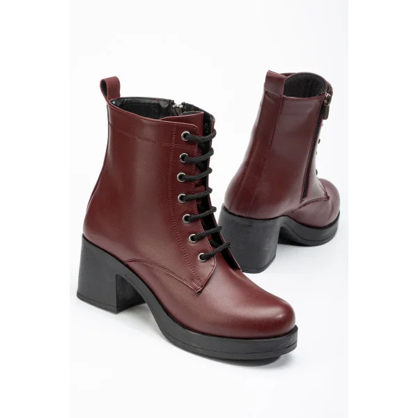 5109-3025 Bordo Bağcıklı Fermuarlı Kalın Topuklu Günlük Kadın Bot