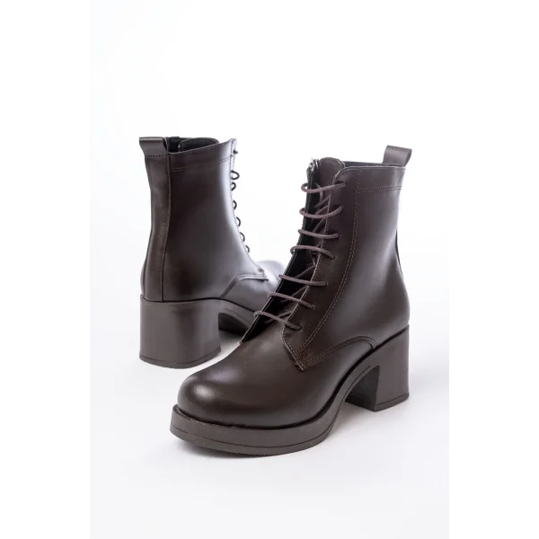 5109-3025 Kahverengi Bağcıklı Fermuarlı Kalın Topuklu Günlük Kadın Bot