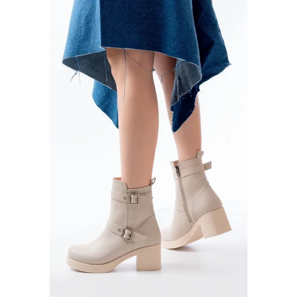 5109-3027 Bej Topuklu Fermuarlı Günlük Kadın Bot