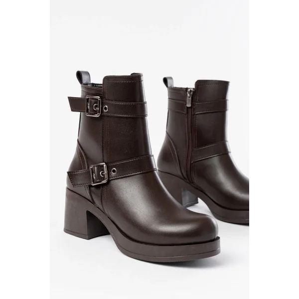 5109-3027 Kahverengi Topuklu Fermuarlı Günlük Kadın Bot