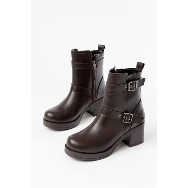 5109-3027 Kahverengi Topuklu Fermuarlı Günlük Kadın Bot