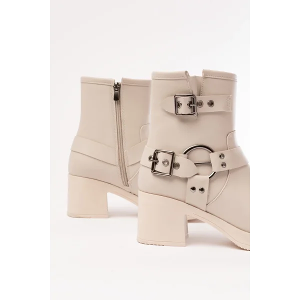 5109-3028 Bej Toka Aksesuarlı Fermuarlı Topuklu Günlük Kadın Bot