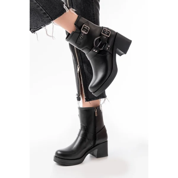 5109-3028 Siyah Toka Aksesuarlı Fermuarlı Topuklu Günlük Kadın Bot