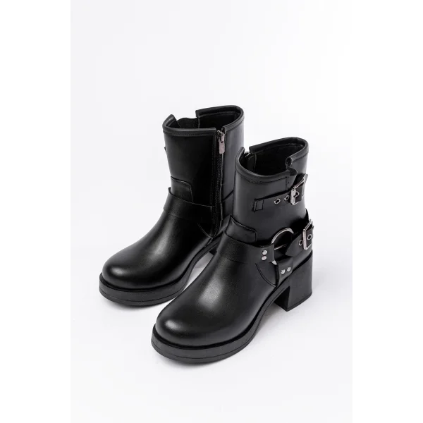 5109-3028 Siyah Toka Aksesuarlı Fermuarlı Topuklu Günlük Kadın Bot