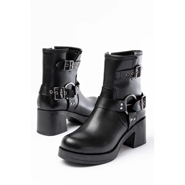 5109-3028 Siyah Toka Aksesuarlı Fermuarlı Topuklu Günlük Kadın Bot