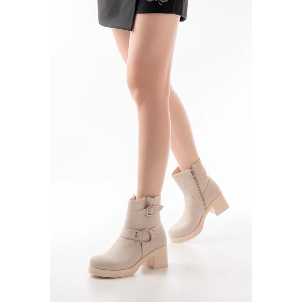 5109-3042 Bej Toka Aksesuarlı Fermuarlı Kalın Topuklu Günlük Kadın Bot
