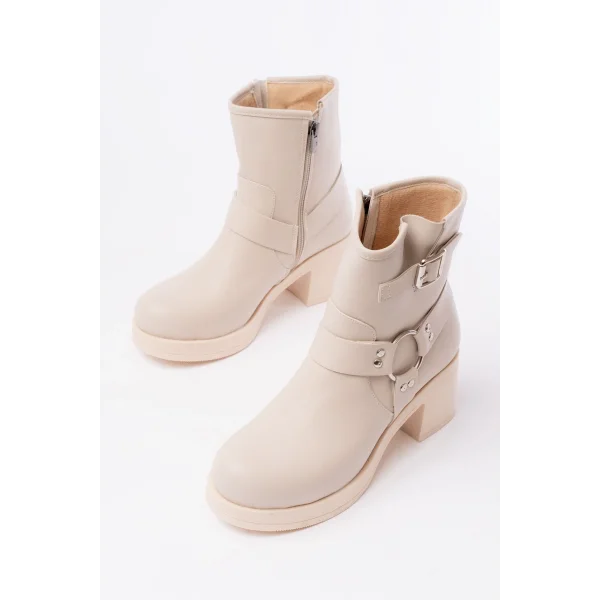 5109-3042 Bej Toka Aksesuarlı Fermuarlı Kalın Topuklu Günlük Kadın Bot