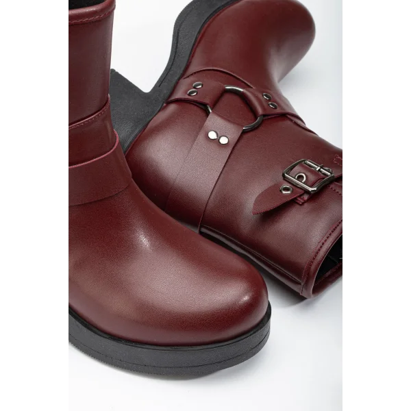 5109-3042 Bordo Toka Aksesuarlı Fermuarlı Kalın Topuklu Günlük Kadın Bot