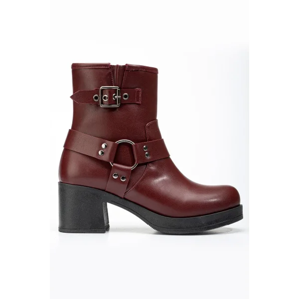 5109-3042 Bordo Toka Aksesuarlı Fermuarlı Kalın Topuklu Günlük Kadın Bot
