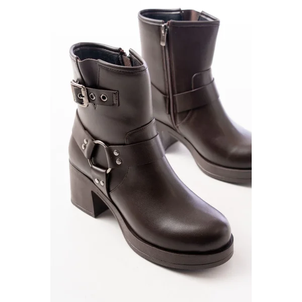 5109-3042 Kahverengi Toka Aksesuarlı Fermuarlı Kalın Topuklu Günlük Kadın Bot