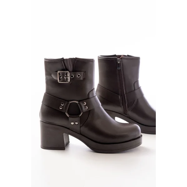 5109-3042 Kahverengi Toka Aksesuarlı Fermuarlı Kalın Topuklu Günlük Kadın Bot