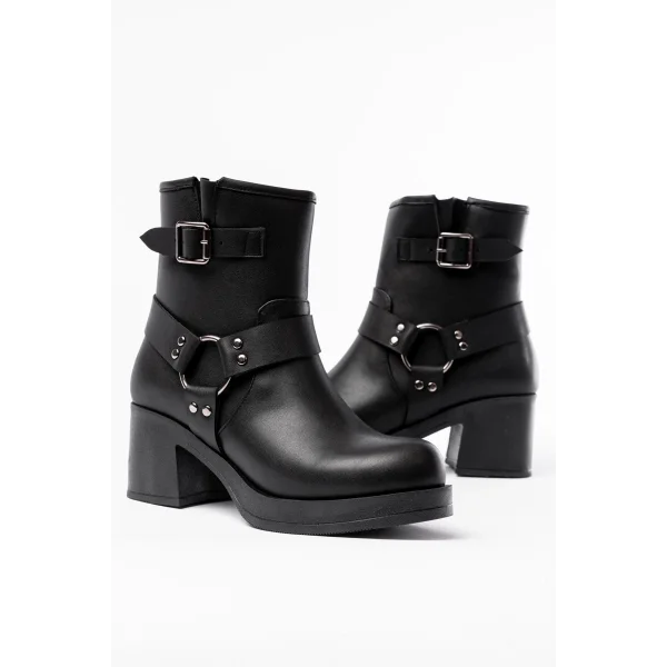 5109-3042 Siyah Toka Aksesuarlı Fermuarlı Kalın Topuklu Günlük Kadın Bot