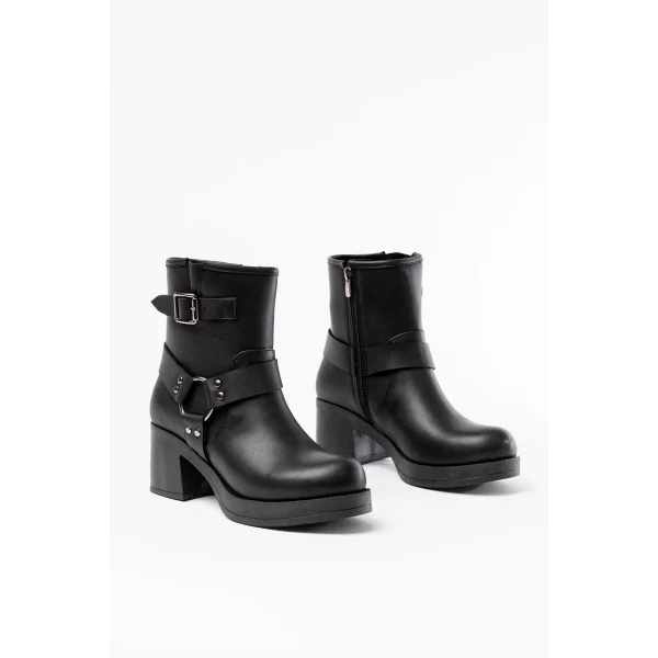 5109-3042 Siyah Toka Aksesuarlı Fermuarlı Kalın Topuklu Günlük Kadın Bot
