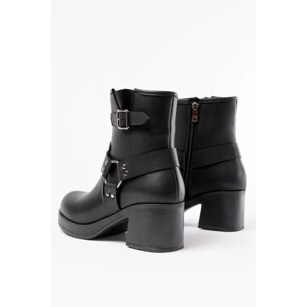 5109-3042 Siyah Toka Aksesuarlı Fermuarlı Kalın Topuklu Günlük Kadın Bot