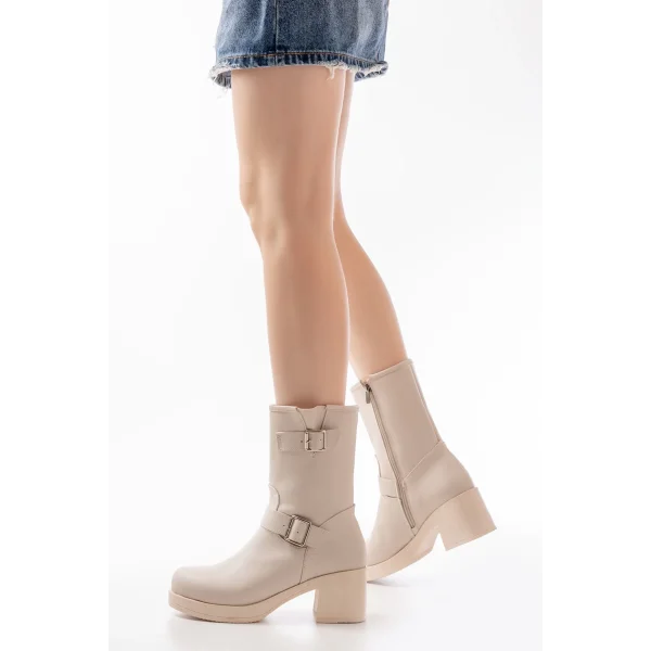 5109-3043 Bej Toka Aksesuarlı Fermuarlı Kalın Topuklu Günlük Kadın Bot