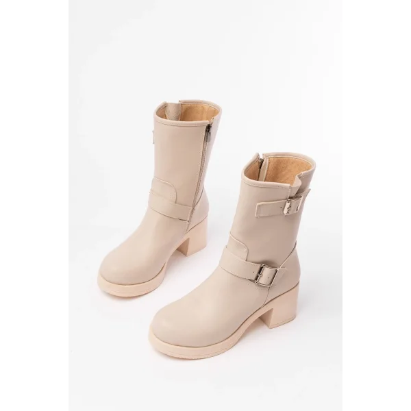 5109-3043 Bej Toka Aksesuarlı Fermuarlı Kalın Topuklu Günlük Kadın Bot