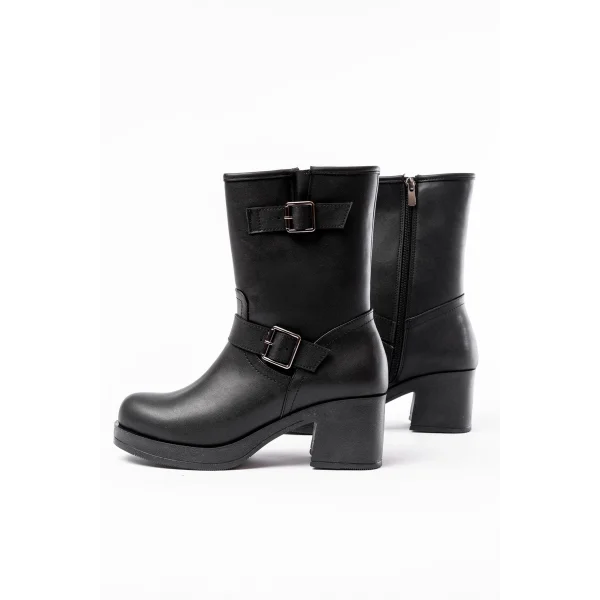 5109-3043 Siyah Toka Aksesuarlı Fermuarlı Kalın Topuklu Günlük Kadın Bot