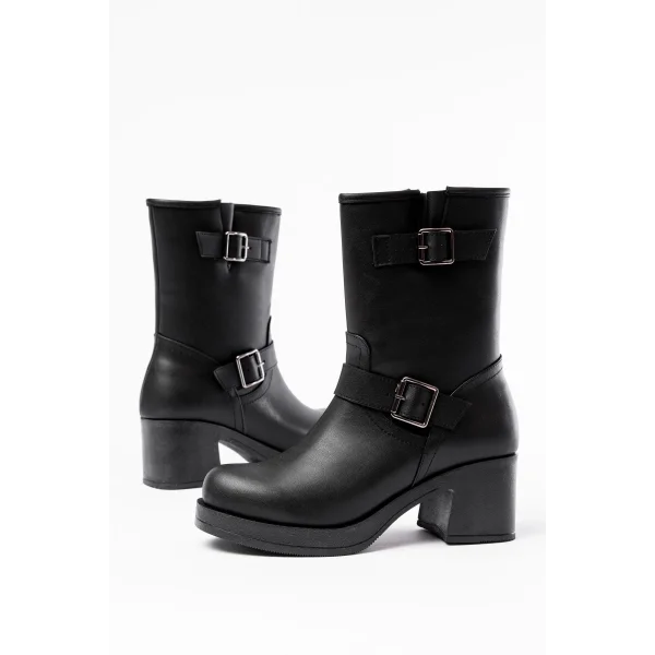 5109-3043 Siyah Toka Aksesuarlı Fermuarlı Kalın Topuklu Günlük Kadın Bot