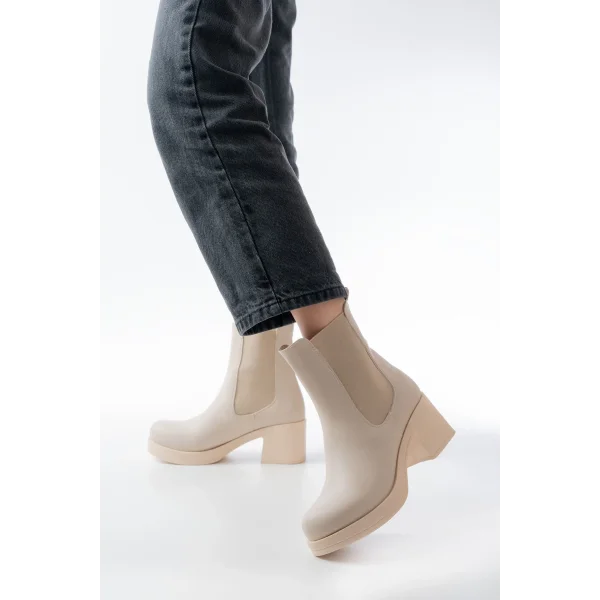 5109-3056 Bej Lastikli  Kalın Topuklu Günlük Kadın Bot