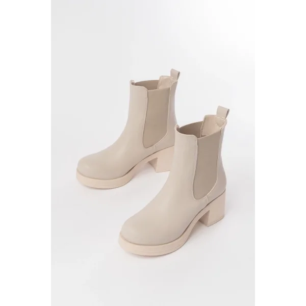5109-3056 Bej Lastikli  Kalın Topuklu Günlük Kadın Bot