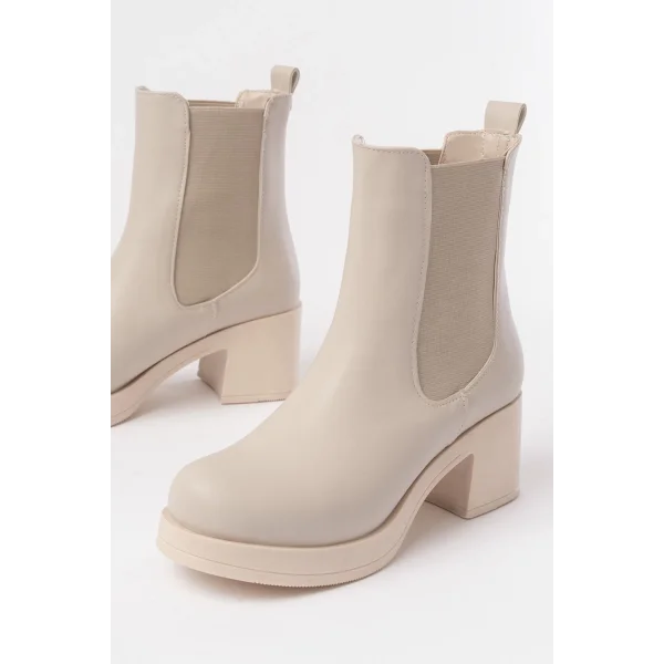 5109-3056 Bej Lastikli  Kalın Topuklu Günlük Kadın Bot